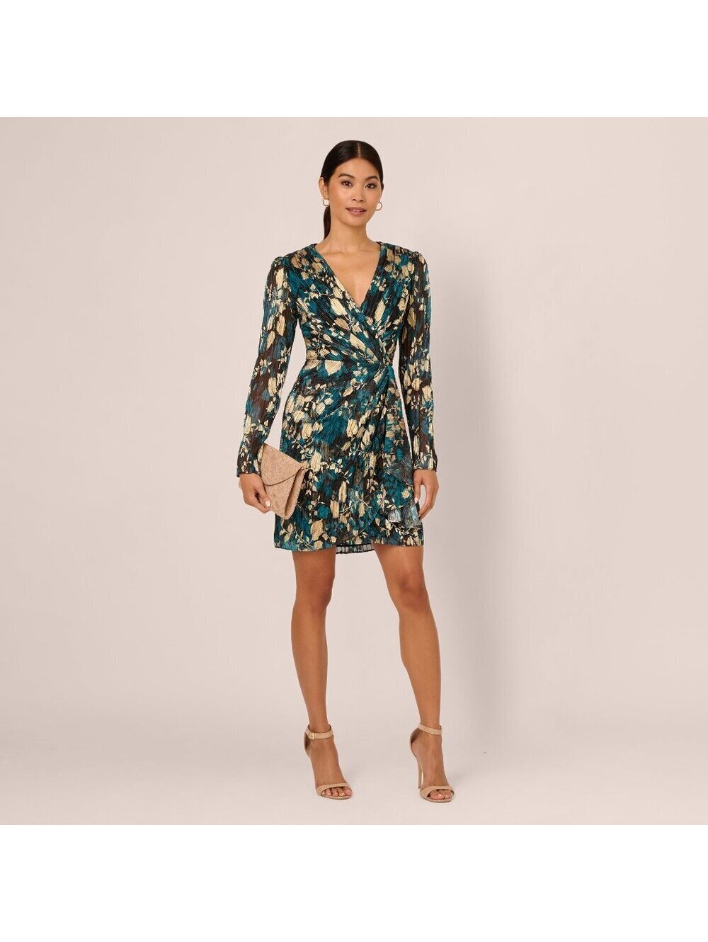 Adrianna Papell Crinkle Foil Wrap Dress Long Sleeve Plus 20W Teal Sapphire Gold